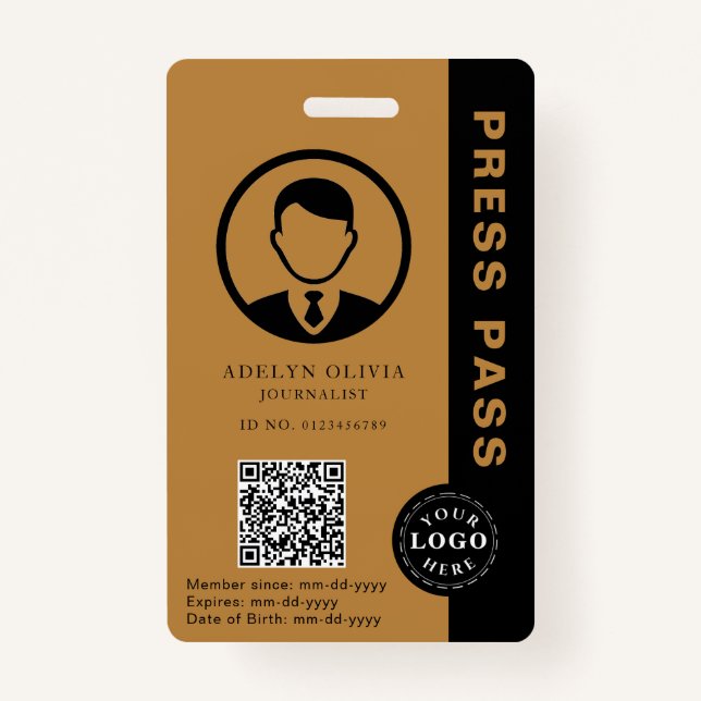 Customizable Press Pass with Photo ID & QR Code Badge (Front)