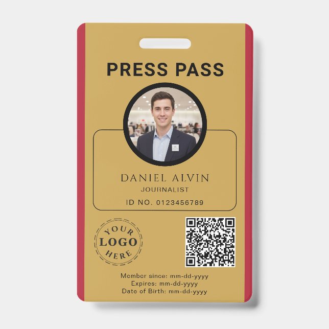 Customizable Press Pass with Photo ID & QR Code Badge (Front)
