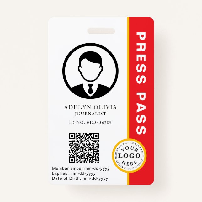 Customizable Press Pass with Photo ID & QR Code Badge (Front)