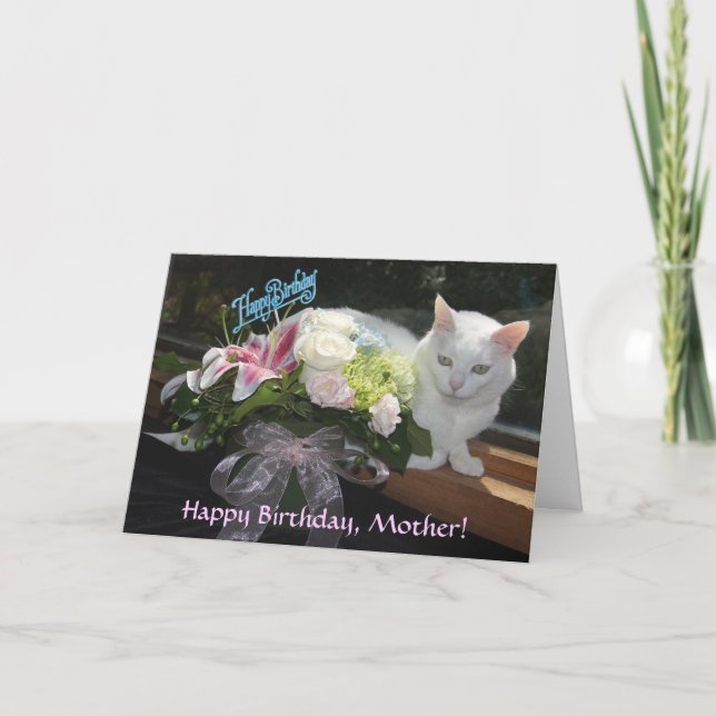 Customizable Pretty Cat/Flowers Birthday Card (Front)