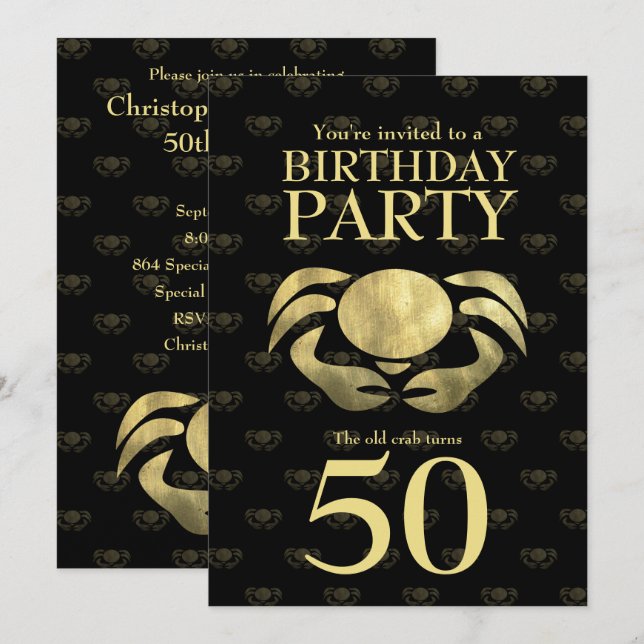 Customizable Printed Rustic Gold Crab Birthday Invitation (Front/Back)