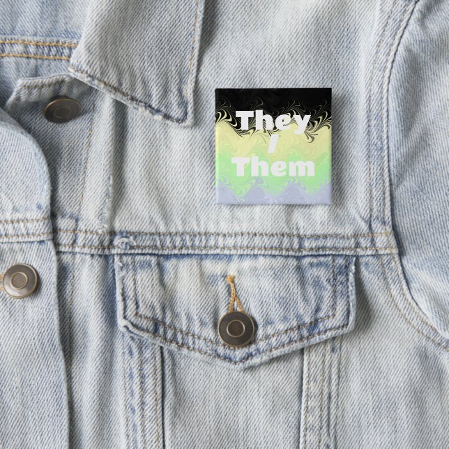 Customizable Pronoun Groovy Cassgender Pride Flag 2 Inch Square Button (In Situ)