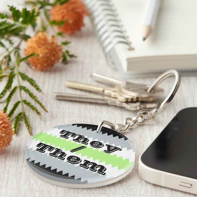 Customizable Pronoun ZigZag Agender Pride Flag  Keychain (Front Right)