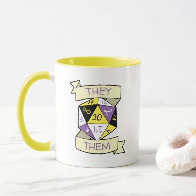 Customizable Pronouns Nonbinary D20 TTRPG Dice Mug (With Donut)