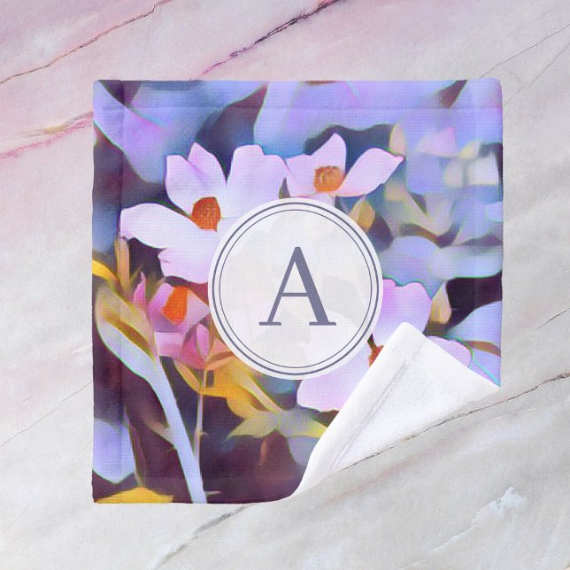 Customizable Purple and Blue Floral with Initial Wash Cloth (Photo art created from original nature photography. Make your gift extra special with their initial!)