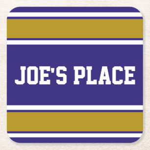 Customizable Purple and Old Gold Sports Stripes Square Paper Coaster