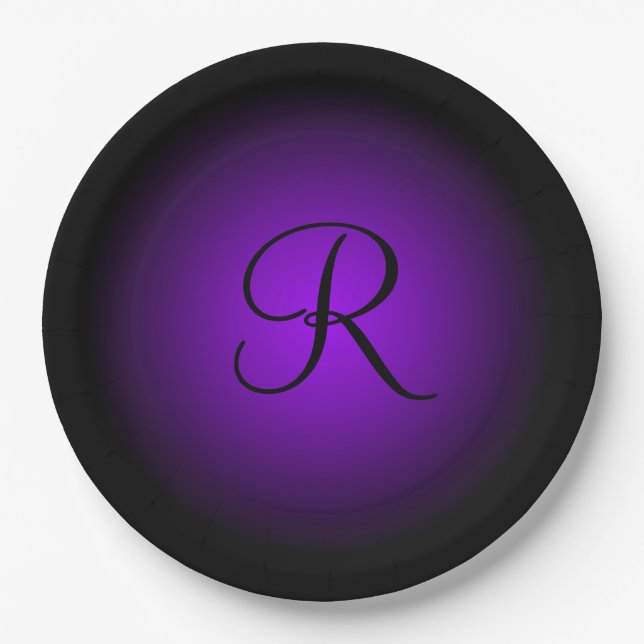 Customizable purple black monogram paper plates (Front)