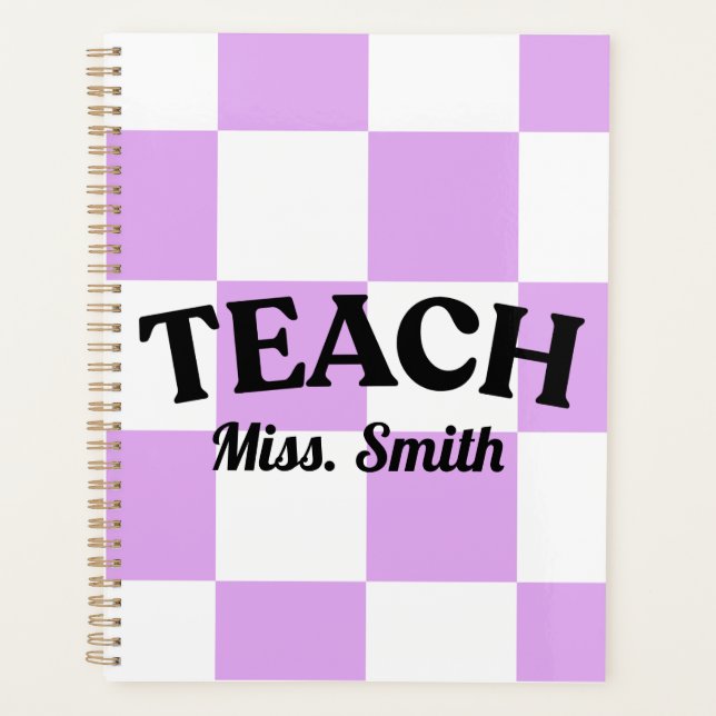 Customizable Purple Checkered Teacher Planner (Front)