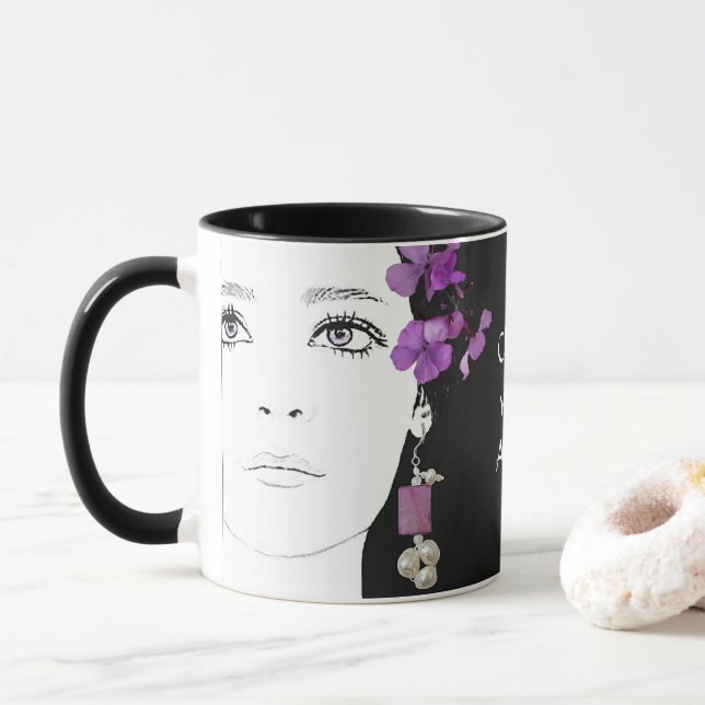 Customizable purple cute floral trendy goth girl  mug (With Donut)