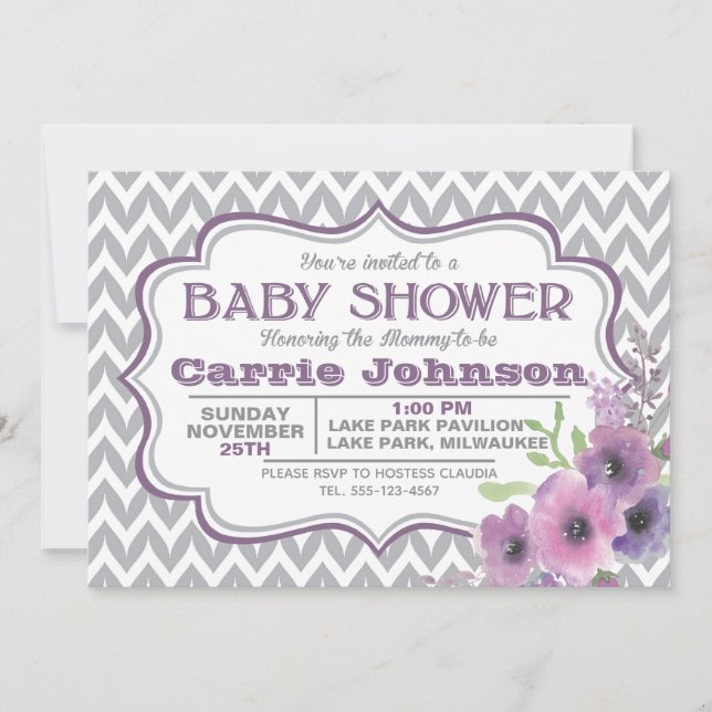 Customizable Purple & Grey Chevron Baby Shower Invitation (Front)