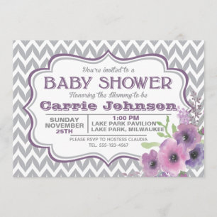 Customizable Purple & Grey Chevron Baby Shower Invitation