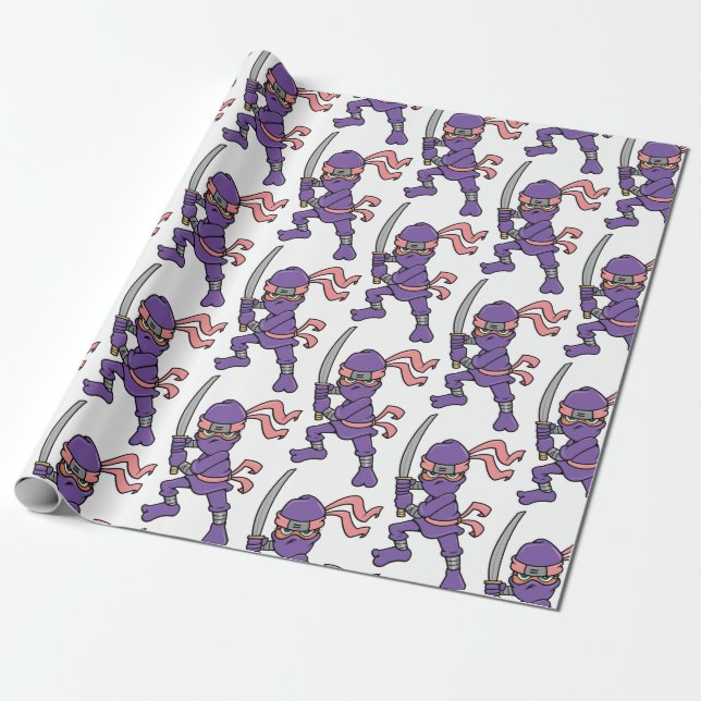 Customizable Purple Ninja Pattern Wrapping Paper (Unrolled)