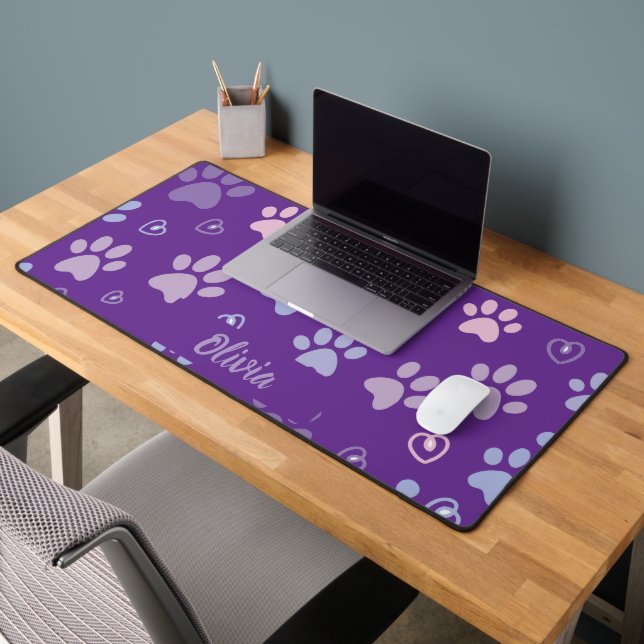 Customizable Purple Paw Prints & Hearts Desk Mat  (Office 2)