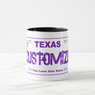 Customizable purple Texas license plate mug