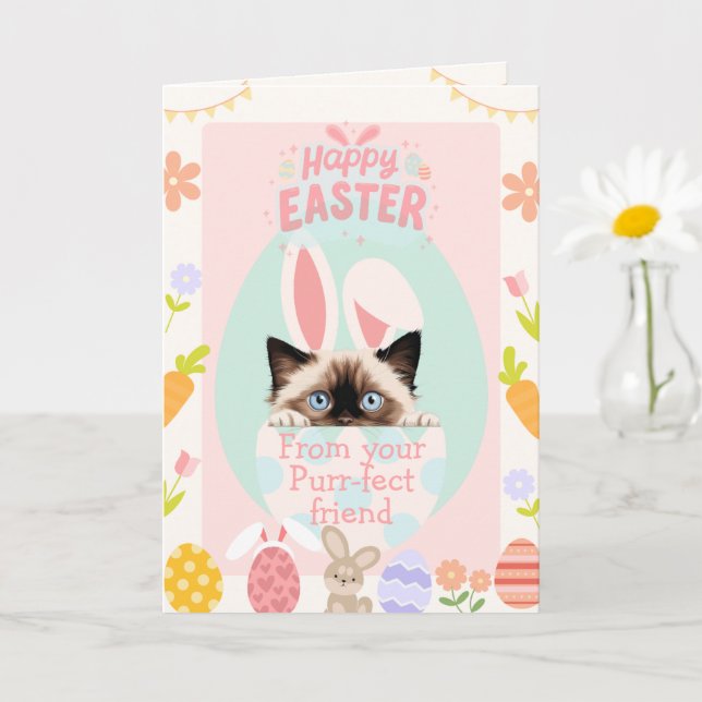 Customizable Purr-fect Ragdoll Cat Bunny Easter Card (Small Plant)