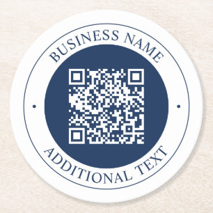 Customizable QR code & Text Dark Navy Blue Round Paper Coaster