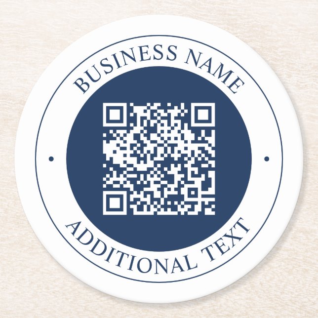 Customizable QR code & Text | Dark Navy Blue Round Paper Coaster (Front)