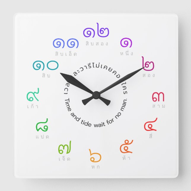 Customizable Rainbow Colour Thai Numbers Wall Square Wall Clock (Front)