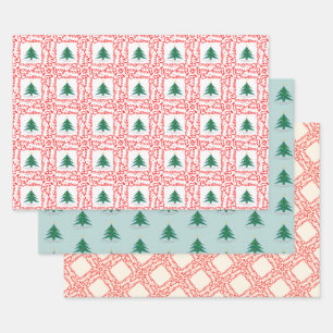 Customizable Red and White Merry Christmas Tree Wrapping Paper Sheet