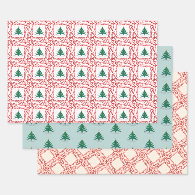 Customizable Red and White Merry Christmas Tree Wrapping Paper Sheet (Set)