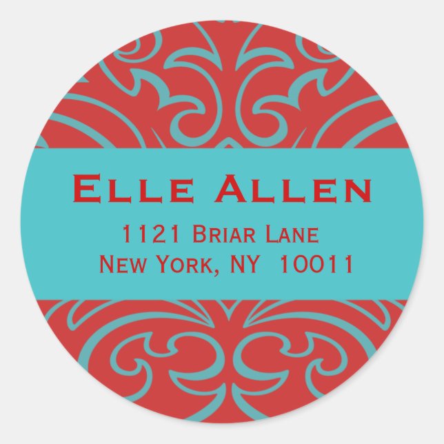Customizable Red & Aqua Damask Stickers (Front)