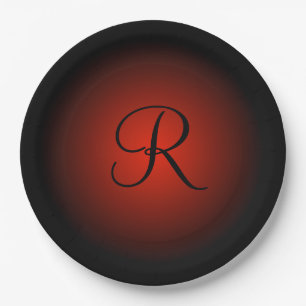 Customizable red black monogram paper plates