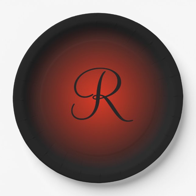 Customizable red black monogram paper plates (Front)