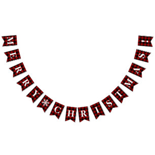 Customizable Red, Black Plaid Merry Christmas! Bunting Flags