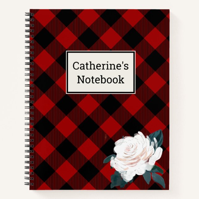 Customizable Red Buffalo Plaid White Rose Notebook (Front)