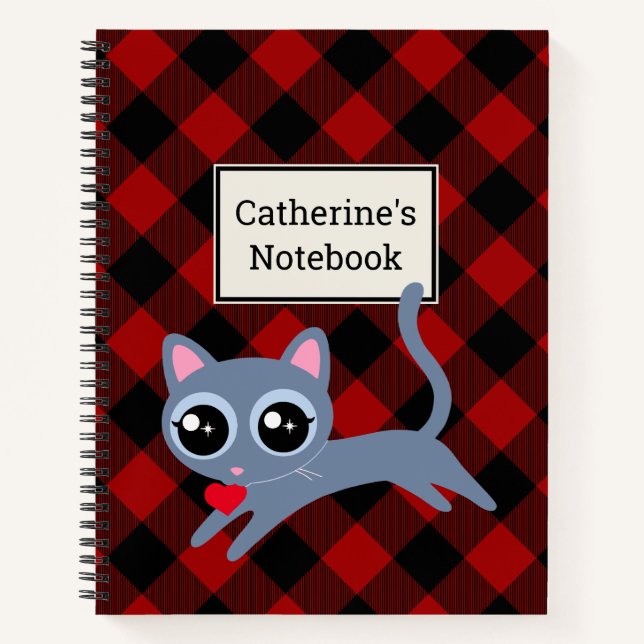 Customizable Red Buffalo Plaid with Grey Kitty Notebook (Front)