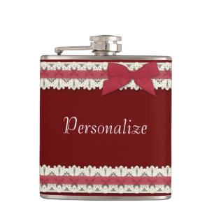 Customizable red lace ribbon bow flask