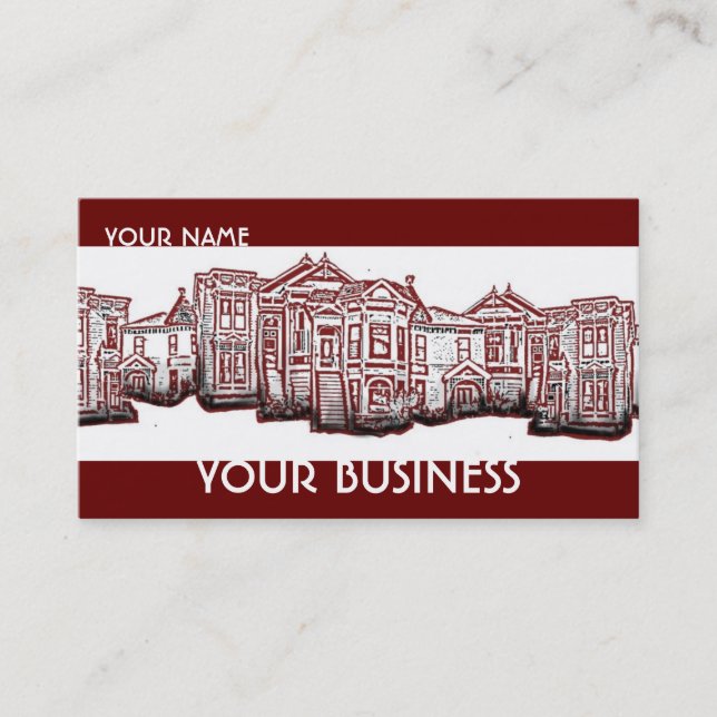 Customizable red victorian homes business cards (Front)