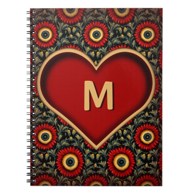 Customizable Red Vintage Heart Monogram Notebook (Front)