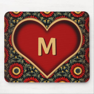 Customizable Red Vintage Monogram Heart Mousepad