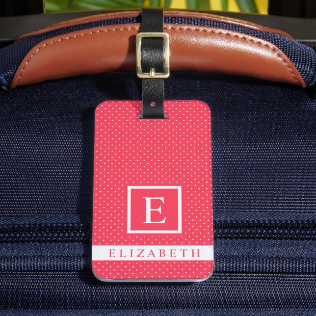 Customizable Reddish Pink White Polka Dot  Luggage Tag (Front Insitu 2)