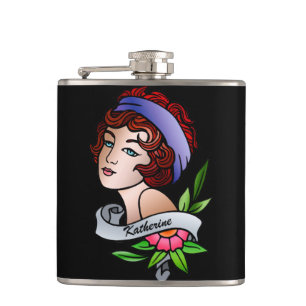 customizable redhead gypsy girl tattoo flask