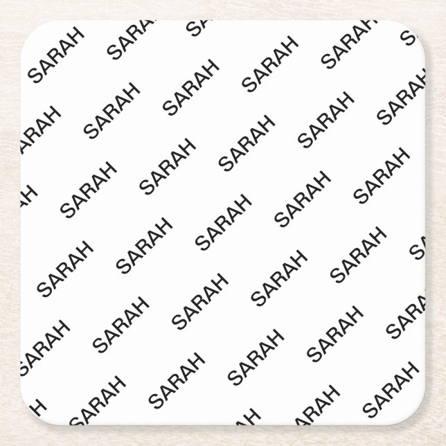 Customizable Repeating Text Modern White & Black Square Paper Coaster (Front)