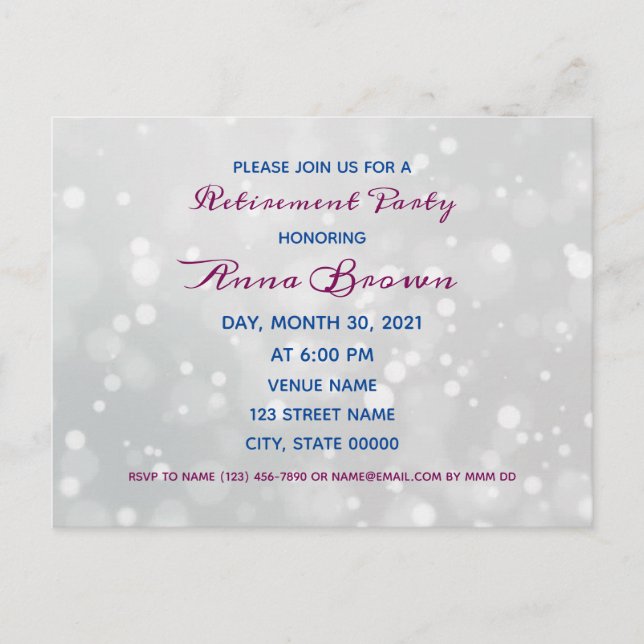 Customizable retirement achievement party bokeh postcard (Front)