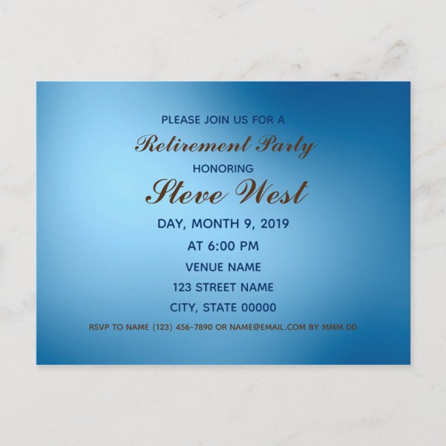 Customizable retirement invitation blue gradient postcard (Front)