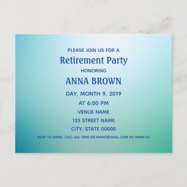 Customizable retirement invitation blue postcard (Front)