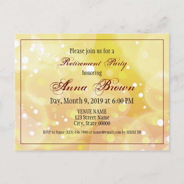 Customizable retirement invitation gold bokeh postcard (Front)