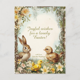 Customizable 🐇Retro Bunny & Chicks Delight Holiday Postcard