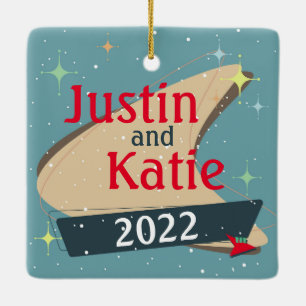 Customizable Retro Christmas Vintage 1950s Holiday Ceramic Ornament