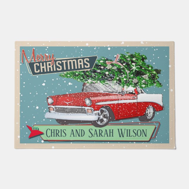 Customizable Retro Classic Car Merry Christmas Doormat (Front)
