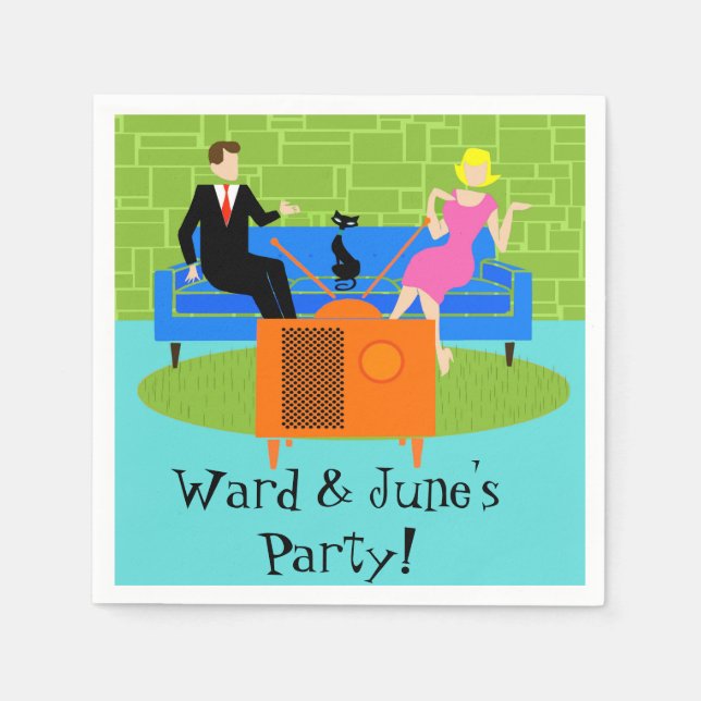 Customizable Retro Couple with Cat Paper Napkins (Front)