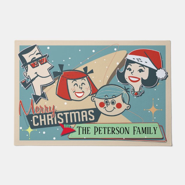 Customizable Retro Family Merry Christmas Holiday Doormat (Front)
