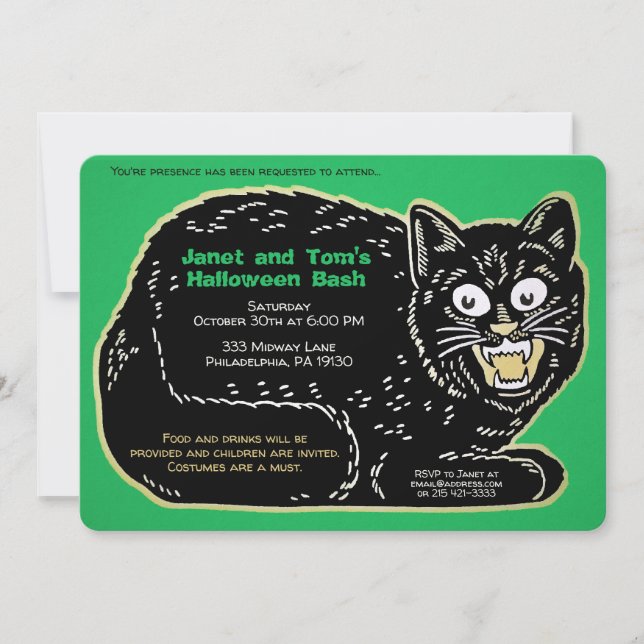 Customizable Retro Halloween Cat Invitation (Front)