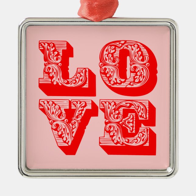 Customizable Retro LOVE Square Metal Ornament (Front)