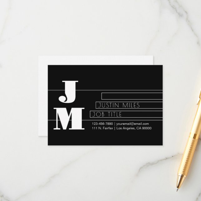 Customizable Retro-modern Black & White Monogram Enclosure Card (Front/Back In Situ)