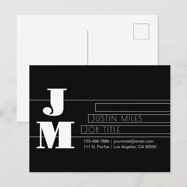 Customizable Retro-modern Black & White Monogram Postcard (Front/Back)